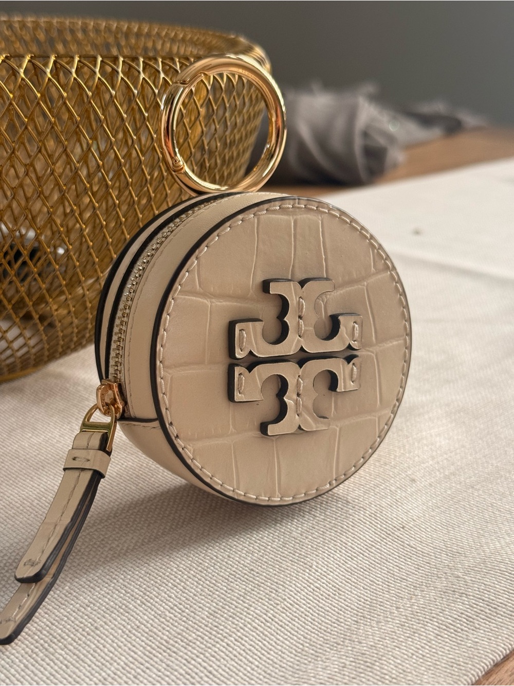 Tory Burch Thea Croc-Embossed Round Coin Pouch with Gold Hardware